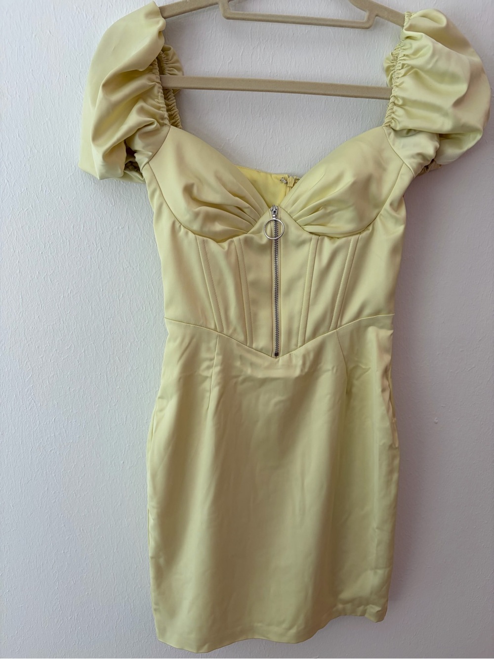 Oh Polly Lemon Satin Corset Puff Sleeve Mini Dress NWT US 2